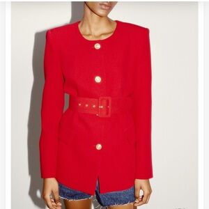 Zara Vibrant Red Blazer with Gold Accents